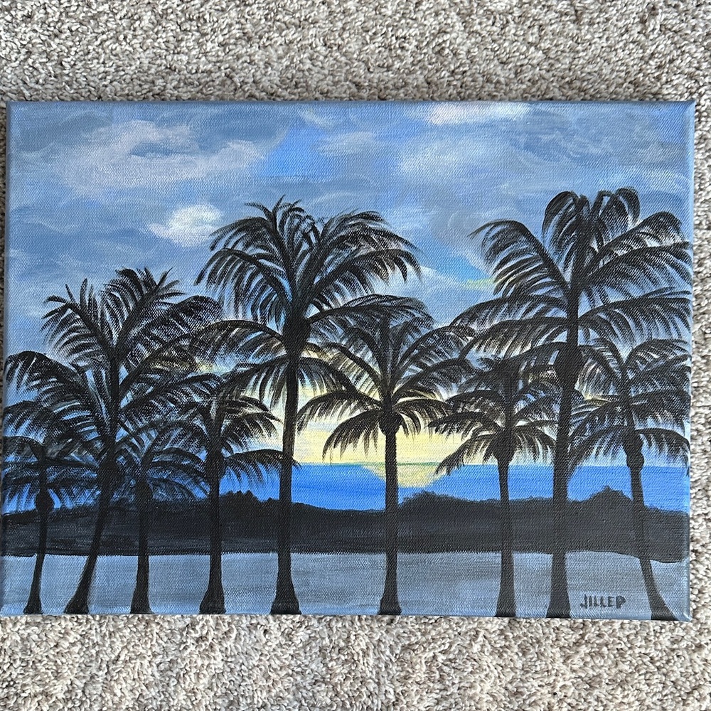 Handmade NWOT acrylic painting. Sunset on palmy beach. Measures 12”x16”x1/2”
